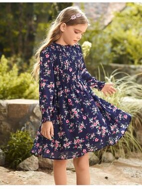 NWT Navy Floral Shirred Long Sleeve Knee Length Little Girls Dress, sz 6